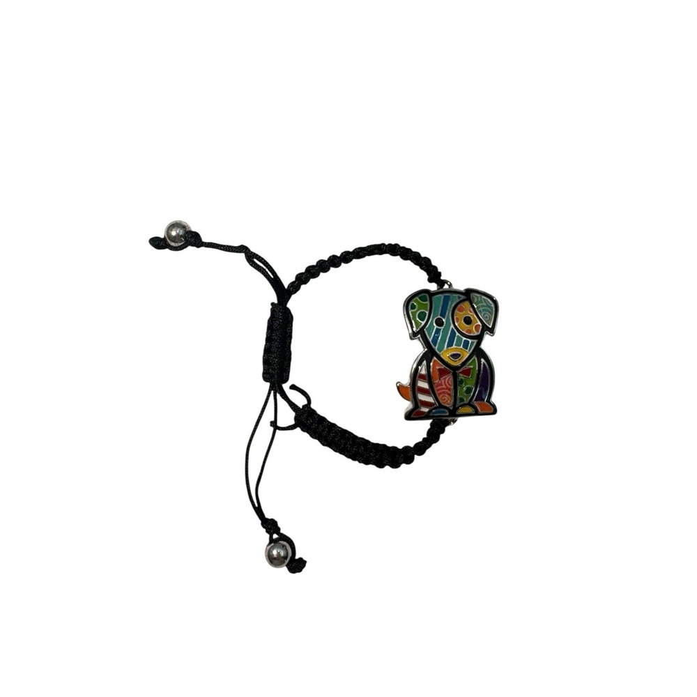 Romero Britto style Colorful Pattern Enamel Puppy Dog Black Cord Bracelet